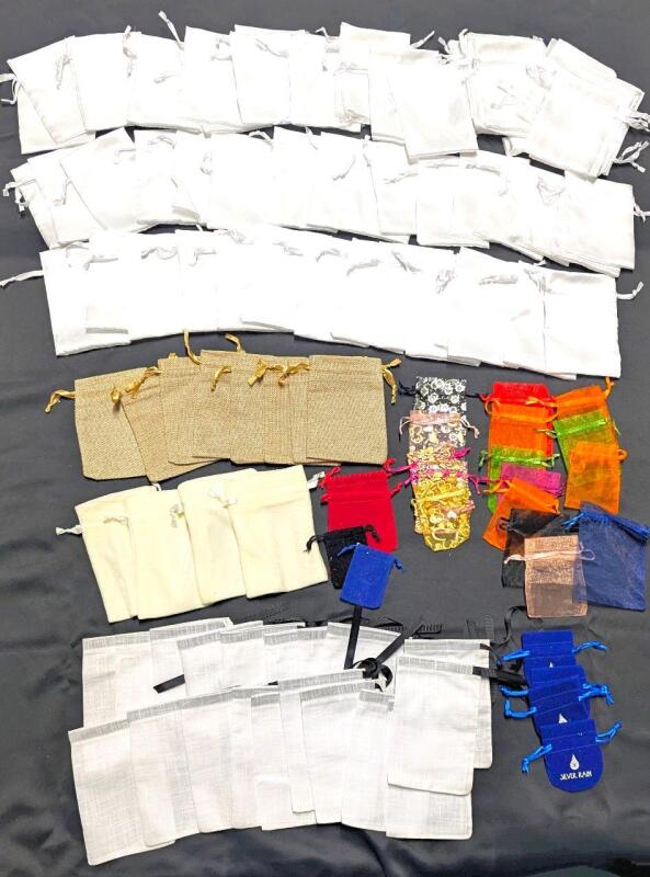 Over 100 Drawstring Jewelry Bags, 55+ Assorted, 55+ White Satin, Up To 5.75" Long