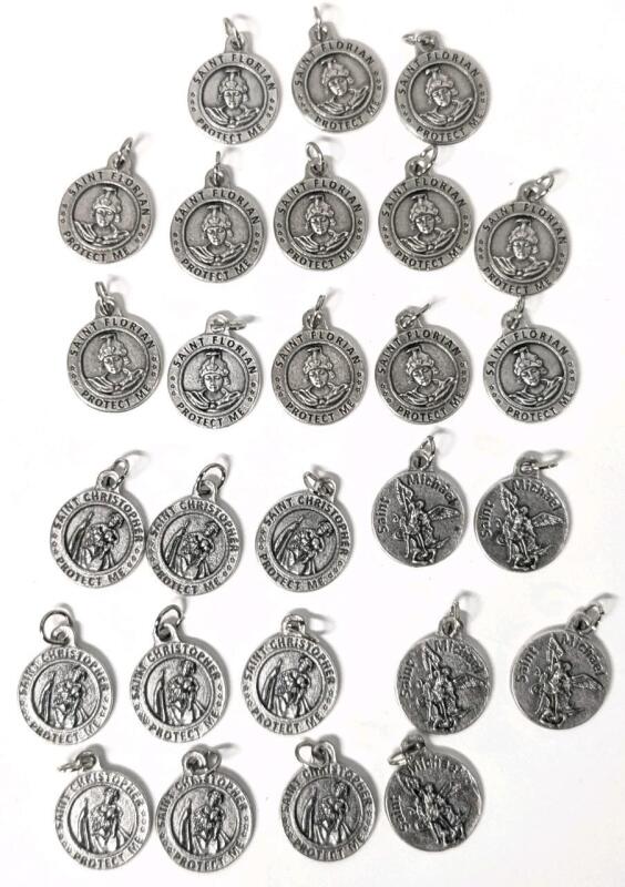 27 Saint Medallions: 13&times; Saint Florian / Firefighters, 9&times; Saint Christopher / US Army + Air Force, 4&times; Saint Michael / US Navy, 0.75" Diameter Each, Medals Non-Magnetic