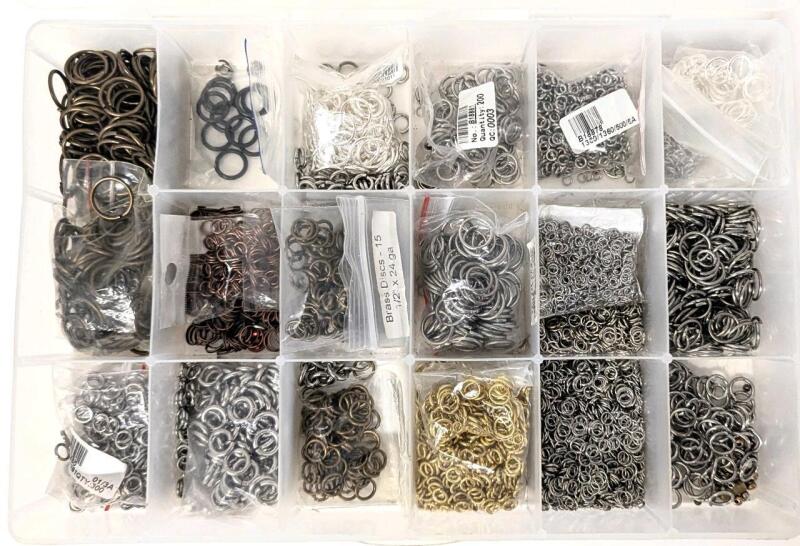 Organizer Filled Withn Assorted Split Rings & Jewelry Findings Up To 0.5" Diameter, Organizer 10.5" &times; 7" &times; 2" Tall