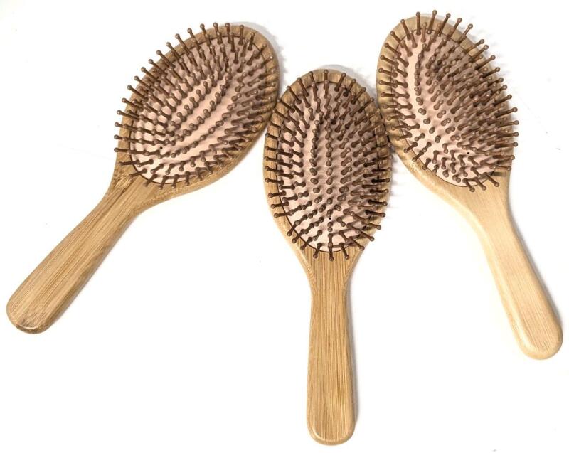 3 New Bamboo Hair Brushes With Names/Dates Laser-Etched On Undersides, 8.8" Long Each