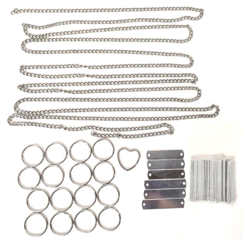 17 Split Ring Key Rings 1" Diameter, 40+ Engraveable Metal ID Tags 0.5" &times; 2" Long & 136" Long Uncut Chain