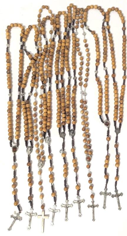 9 Holyland Jerusalem / Bethlehem Olive Wood Rosaries, Most With Earth, 17.5" Total Length, Year 2005