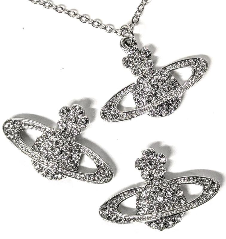New 3-Piece Flower Planet Pierced Earrings & Necklace Set, Chain 20" Long