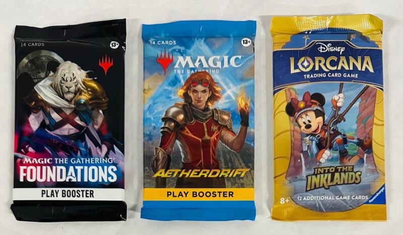 3 New Packs of Trading Cards, Includes 2 Magic the Gathering Boosters (Foundations and Aetherdrift) and Disney Lorcana Into the Inklands Pack