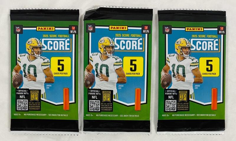 3 New Packs of 2025 Score Football Cards, 5 Cards Per Pack (15 Total)