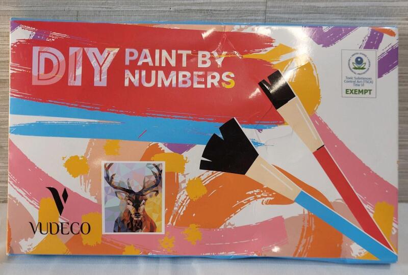 New - Vudeco DIY Paint By Numbers . Includes : Canvas , 3 Brushes & 25 Paint Colors