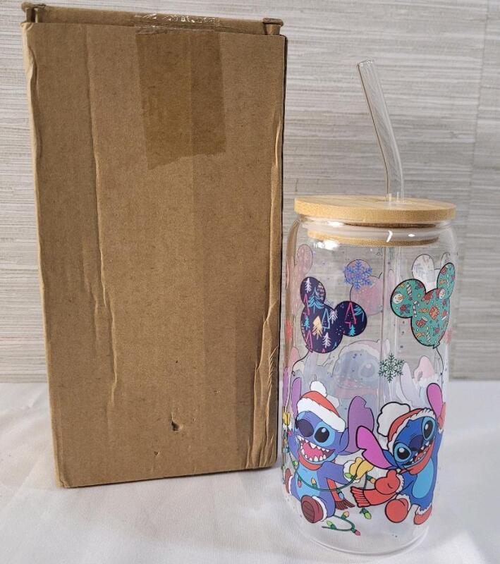 New - Disney Lilo & Stitch Christmas 16oz Glass Tumbler w/Bamboo Lid and Glass Straw.