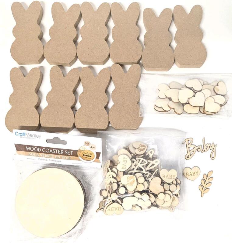 10 New 3.8" Long Peeps Bunny-Shaped MDF Freestanding Figures, 4pc 3.75" Diameter Wood Coasters, 20 Wood Hearts, 100pcs Wood Baby-Themed Hearts, Leaves & Words