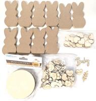 10 New 3.8" Long Peeps Bunny-Shaped MDF Freestanding Figures, 4pc 3.75" Diameter Wood Coasters, 20 Wood Hearts, 100pcs Wood Baby-Themed Hearts, Leaves & Words