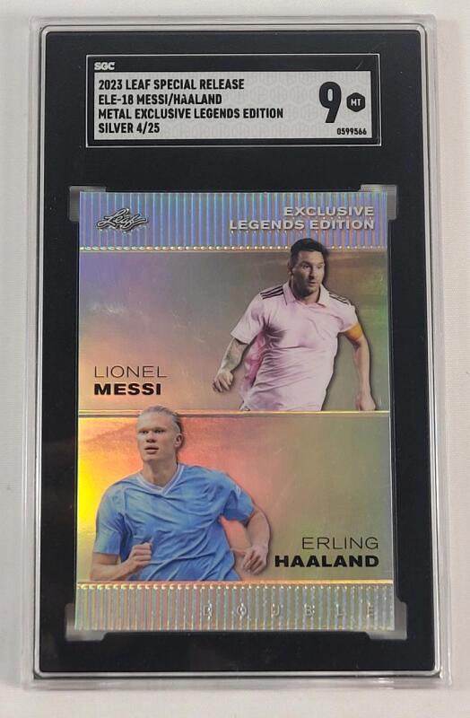 2023 Leaf Special Release Lionel Messi / Erling Haaland Metal Exclusive Legends Edition Silver #ELE-18 , Numbered #4/25 . SGC Graded 9 MT