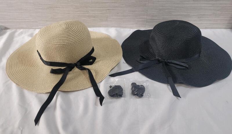 Two (2) New OS Canvas Bow Knot Wide Brim Sun Hats w/Chin Drawstring . Beige & Black
