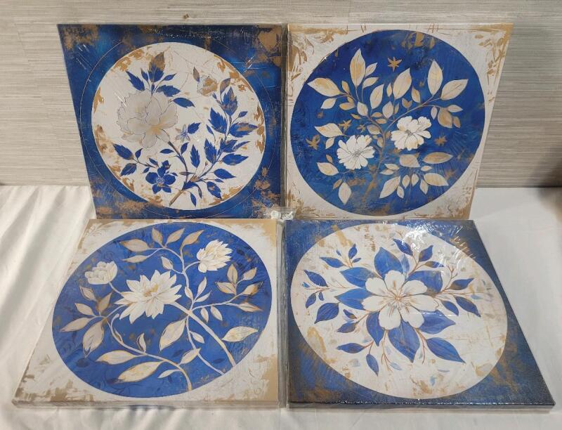 Four (4) New Home Decor Floral Canvas Art Prints Wraped on Wood Frame w/Wall Pegs . Each measures 13.5"&times;13.5"&times;&frac34;"