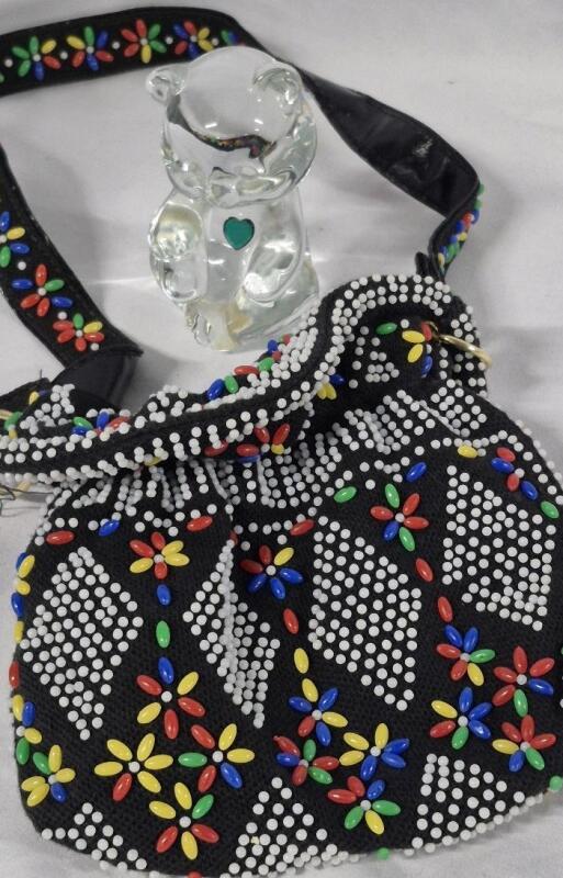 Vintage Beaded Purse & Glass 3.5" Bear