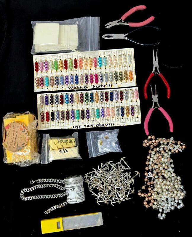 Assorted Jewelry Making Supplies & Tools : Bead Plates, Silver Polishing Pads, Wax Polish, Jeweller Wax, Sponges, Pin Stoppers, Anchor Pendant Ties, 25mm X-Acto-Style Blades, Partial Rosaries