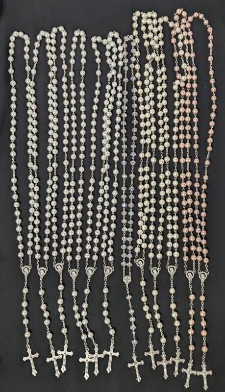 12 Excellent Quality Faux Pearl & AB Crystal Rosaries, Up To 22" Long
