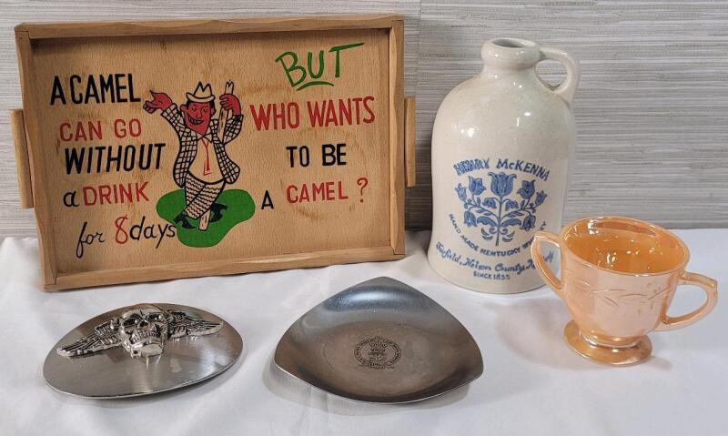 Vintage Household Collectables . Fire-King Sugar Bowl , 1981 Royal Wedding Ashtray , Humerus Bar Tray , Henry McKenna Kentucky Whiskey Jug & Fying Skull Belt Buckle .
