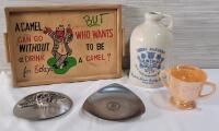 Vintage Household Collectables . Fire-King Sugar Bowl , 1981 Royal Wedding Ashtray , Humerus Bar Tray , Henry McKenna Kentucky Whiskey Jug & Fying Skull Belt Buckle .
