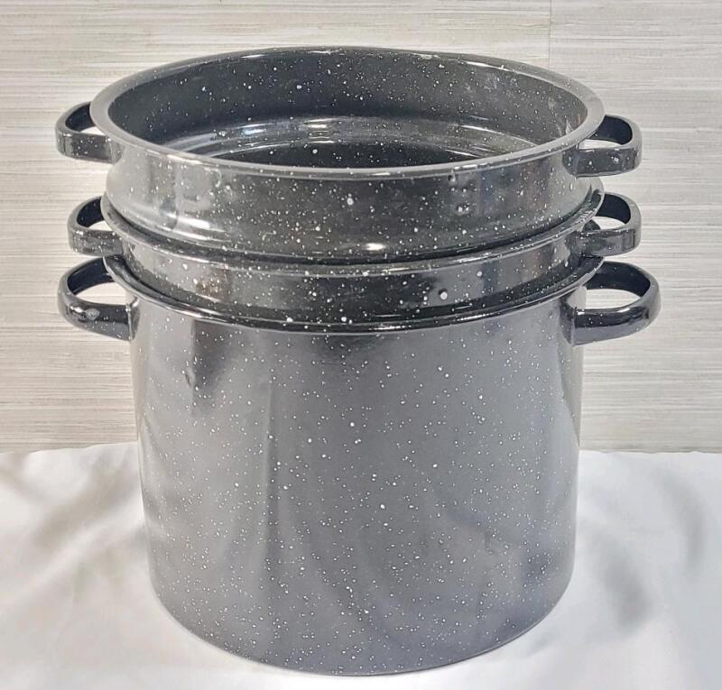 3pc. Speckled Black Enamel-on-Steel Water Bath Canning Pots.