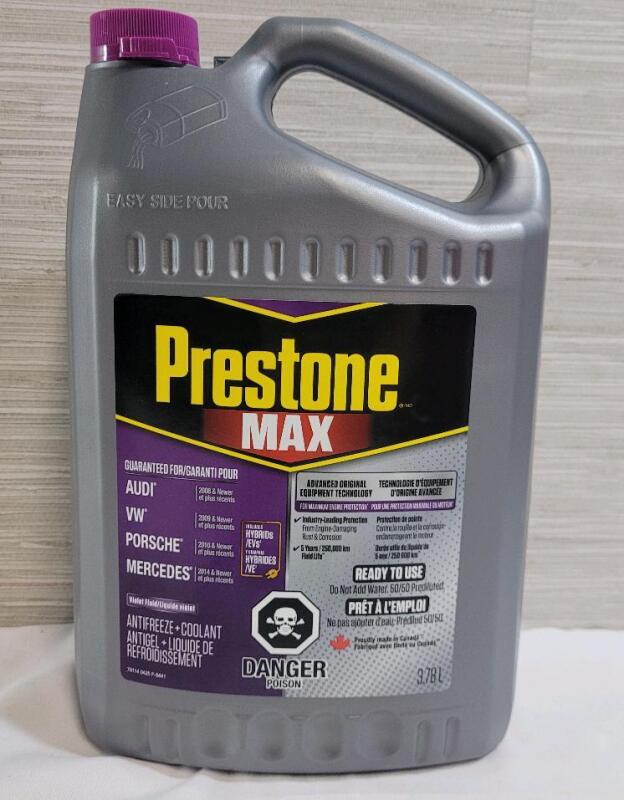 New - Prestone Max 50/50 Mix Antifreeze+Coolant , 3.78L Bottle . For Audi , VW , Porsche & Mercedes