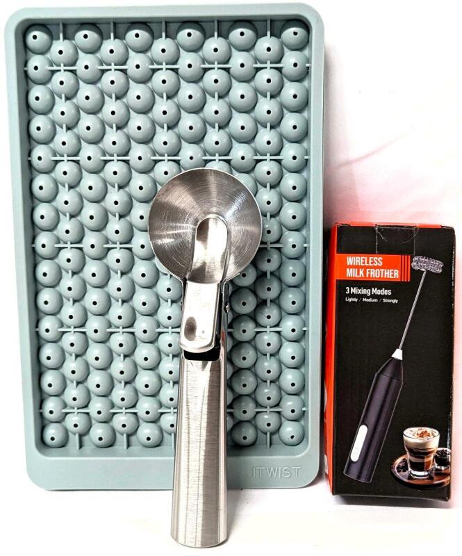 New Itwist Mini Ice Ball Tray, Stainless Steel Pop-Out Ice Cream Scoop & Battery Operated Wireless Milk Frother