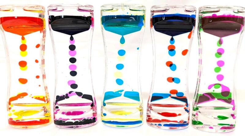 5 New Liquid Motion Bubbler Timer Colorful Oil Hourglass Liquid Sensory Fidget Calm Stress Relief Desk Desk Decor for Adults Fidget Water Timers, 5.75" Tall, Approx 48 Seconds