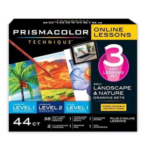 New PRISMACOLOR TECHNIQUE 3 Art Lessons-In-One : 44ct Landscape & Nature Drawing Sets With Online Lessons