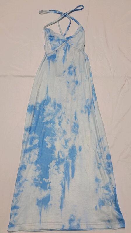 New Women's Sz. Medium (6) Blue and White Tie-Dye Halter Neck Maxi Dress