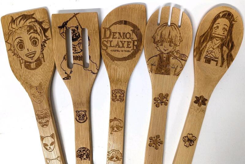 New 5-Piece DEMON SLAYER Anime Laser-Etched Bamboo Wood Cooking Spoons, 11.75" Long Each