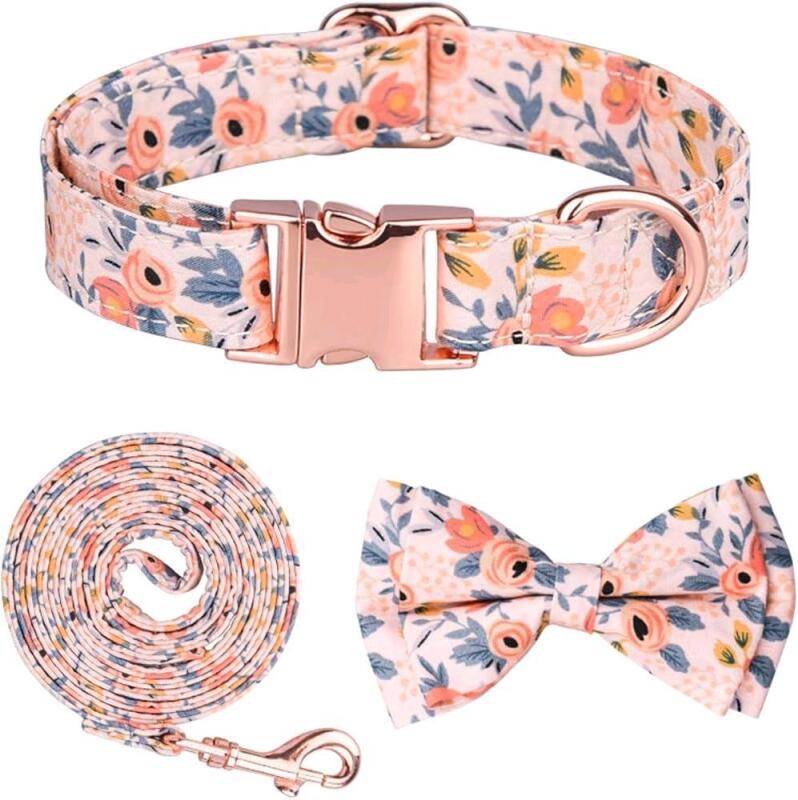 New Size Large (15" - 23.6") Dog Collar and Leash Set, Floral With Rosegold Hardware with Detachable Bow Tie + Bonus Dog Tag