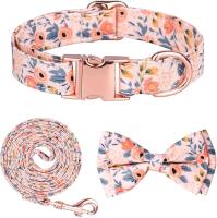 New Size Large (15" - 23.6") Dog Collar and Leash Set, Floral With Rosegold Hardware with Detachable Bow Tie + Bonus Dog Tag