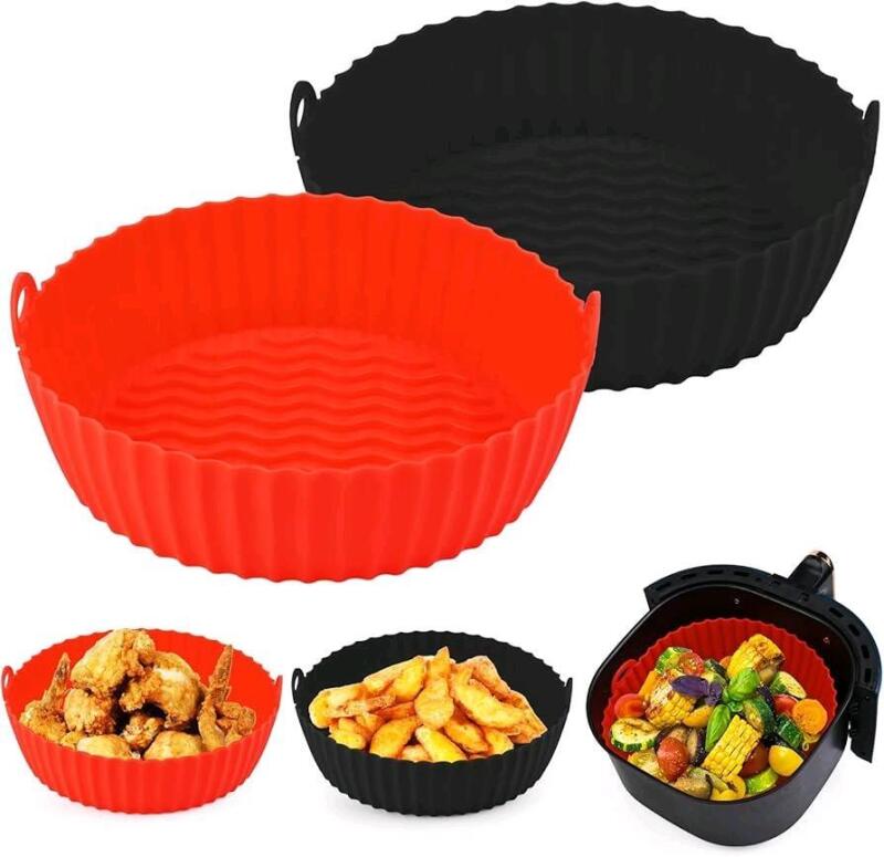 New 2 Pack Air Fryer Silicone Lliners 8.5inch for 5 to 8 QT Reusable Air Fryer Pot Round Air Fryer Silicone Baking Tray Easy Cleaning for Oven Accessories（Red,Black）