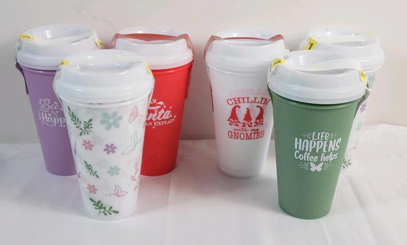 Twelve (12) New 16oz. Coffee To Go Tumblers w/Lids . 6 Sets of 2