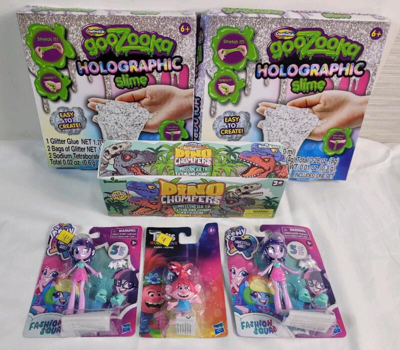 New - Kids Activity & Toys Lot . Trolls Doll , 2 My Little Pony Dolls , Dino Chompers Keychains & 2 Goozooka Holographic Slime Kits