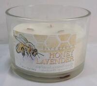 New LiveGreen Honey Lavender Soy Blend Scented Candle . Measures 3.5" tall & 4.5" diameter