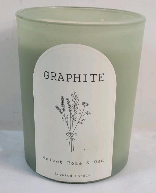 New Graphite Velvet Rose & Oud Scented Candle . Measures 5" tall & 4" diameter