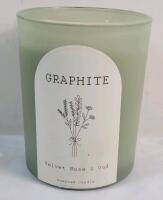 New Graphite Velvet Rose & Oud Scented Candle . Measures 5" tall & 4" diameter