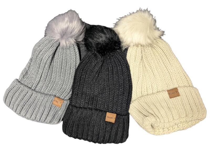 New 3-Pack O/S Adult Cable Knot Winter Tuques With Big Fuzzy Pom Poms