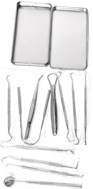 New 12-Piece Dental Care Set : Curettes, Picks, Mirror, Tongue Scrapers + In Tin