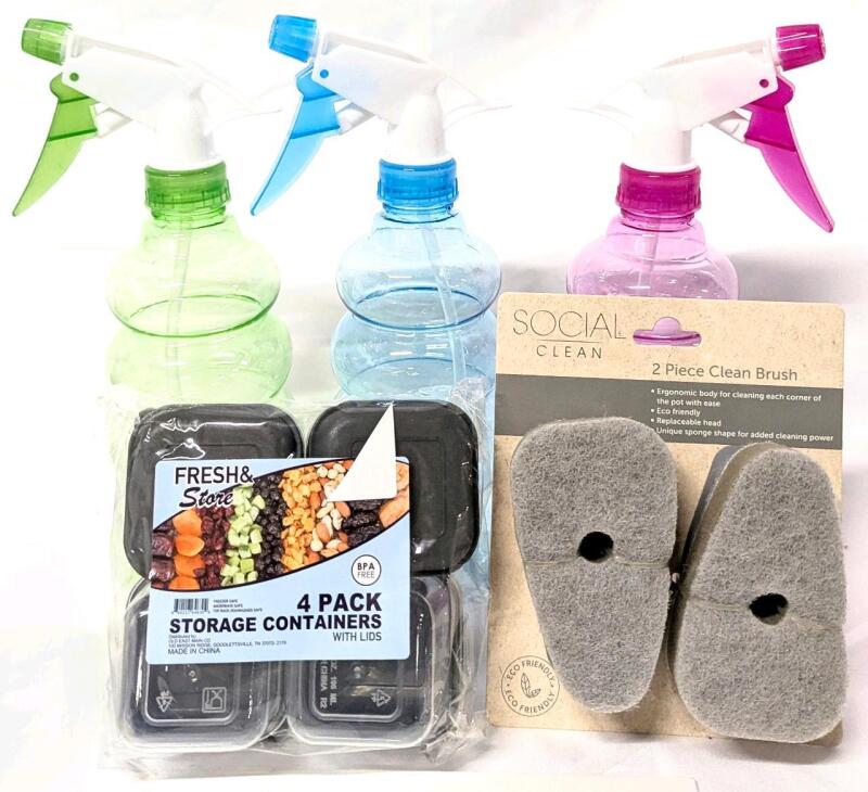 3 New 9.5" Plastic Spray Bottles, 4-Pack Square Storage Containers With Lids, 2-Pack Social Clean Replacement Scrub Brush Heads 3.5" Long Each