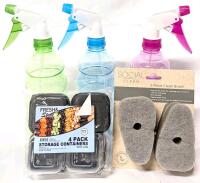3 New 9.5" Plastic Spray Bottles, 4-Pack Square Storage Containers With Lids, 2-Pack Social Clean Replacement Scrub Brush Heads 3.5" Long Each