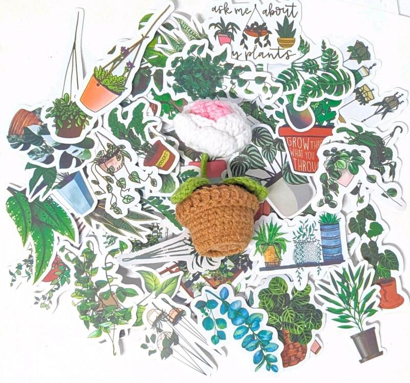 Adorable New 4" Tall Crochet Flower & 50 New Houseplants Stickers Up To 3.5" Long