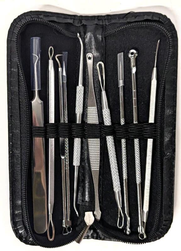 New 10-Piece Stainless Steel Acne Blackhead Pimple Popper Kit In Zippered Case, 7" Long