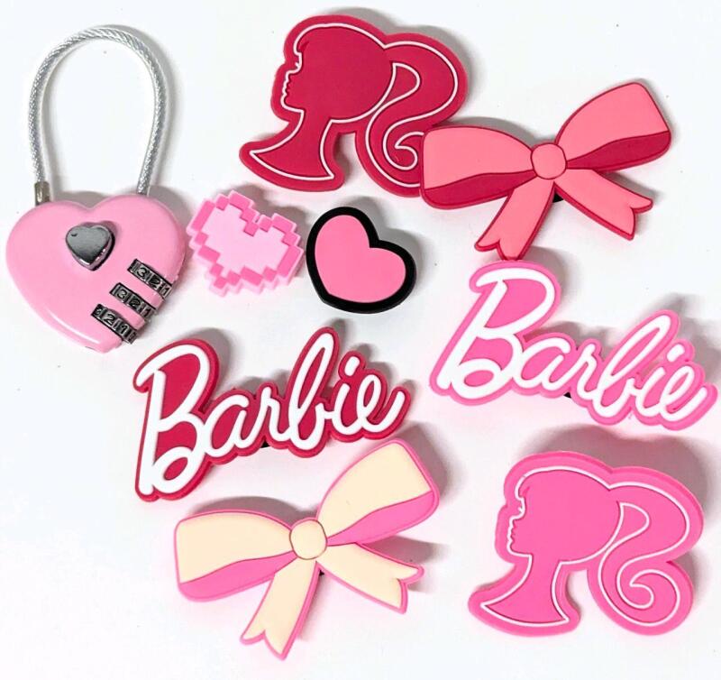8 New Barbie-Themed Silicone Croc-Style Shoe Charms Up To 2.4" Long & Heart-Shaped Metal Locker Combination Lock 3" Total Length