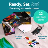 New Crafts 4 All Acrylic Paint Kit With 12 Acrylic Paints, 12 Paintbrushes & 4&times; Canvas Panels 4" &times; 6"