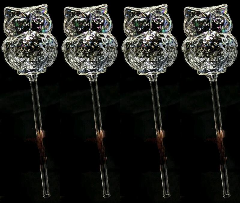 New 4-Pack Iridescent Glass Owl Plant Waterers Plant Stakes, 10.5" Long Each