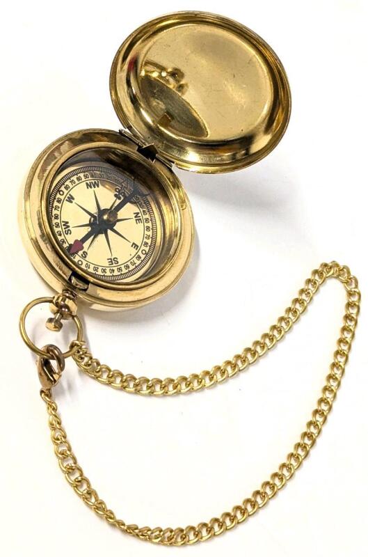New Brass Pocket Compass Push Button Pocket Compass, 1.8" Diameter on 10" Long Chain