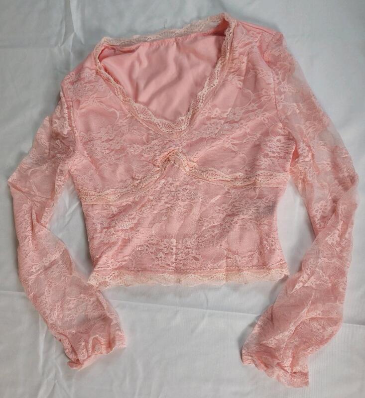 New Women's Sz. Small Pink Crop-Top w/Sheer Long Sleeves .