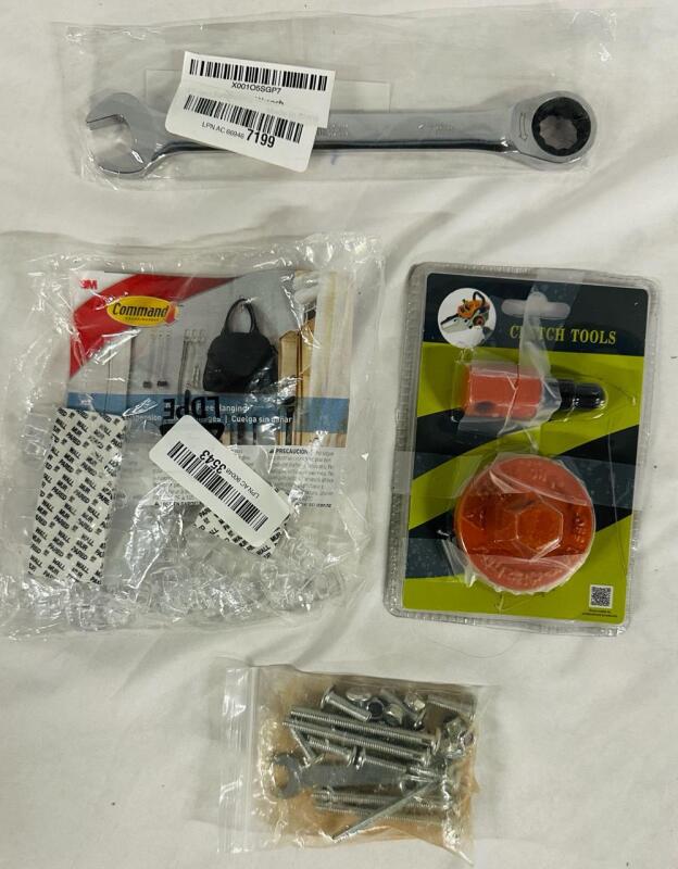 Assorted Tools/Accessories Lot, Includes 17mm Wrench, Chainsaw Clutch Flywheel Removal Tool, Damage-Free Hanging Kit, and More
