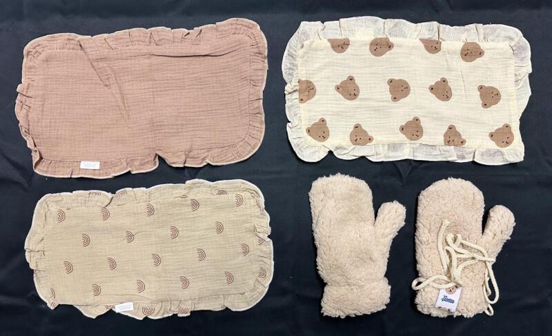 4 Home Items, Includes 3 Cloths (Possibly Burp Cloths, 16&rdquo; x 9.5&rdquo;) and 1 Pair of Fuzzy Mittens