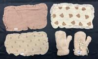 4 Home Items, Includes 3 Cloths (Possibly Burp Cloths, 16&rdquo; x 9.5&rdquo;) and 1 Pair of Fuzzy Mittens